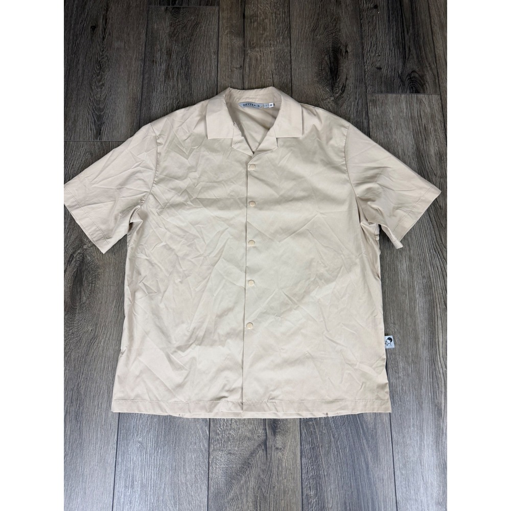 HEYTEA Camp Collar Snap Front Short Sleeve Shirt Tan Large Streetwear Minimalist